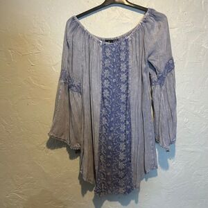 Venice Blue Boho Embroidered Bell Sleeve Tunic Top Plus Size XXL‎